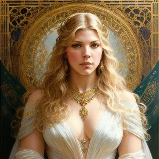 Prompt: Please produce a painted portrait of Katheryn Winnick, intricate, elegant, highly detailed, digital painting, artstation, concept art, smooth, sharp focus, illustration, art by gaston bussiere and alphonse mucha 