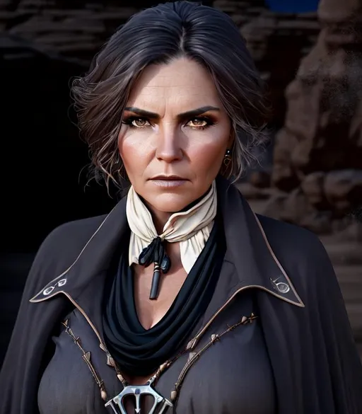 Prompt: Brooding, tense, foreboding 3D HD dramatic cinematic lighting [({one}Female as a dusty beautiful {Old-West}Gunfighter)], expansive Arizona desert background, sunset hyper realistic, 8K --s98500