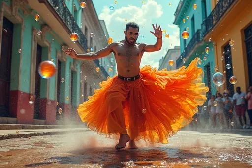 Prompt: (junior hurtado style,masterpiece Painting), (vibrant colors), cuban people dancing on the Streets of Havana, energetic atmosphere, urban backdrop with colonial architecture, sunlight casting dramatic shadows, dynamic poses and expressions, ambient hustle and bustle, ultra-detailed, 4K quality, capturing the spirited essence of the game and culture. Soap bubbles in the air