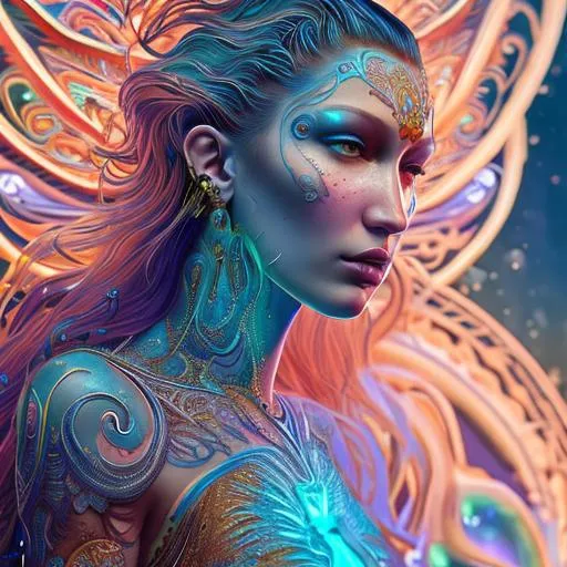 Prompt: Closeup face of Bella Hadid as a heavenly fantasy celestial, bioluminescent prismatic opaline, colorful tribal tattoos, Illustration, Beautiful, Detailed, Intricate, Painting, Vibrant, intricate Design with spirals, golden ratio, dramatic lighting, octane render, Cinematic, Photoreal, 4k, 8k, other Worldly, trending on Artstation, deviantart, styled like Wlop on artstation, Magical, golden hour, smooth soft skin, big eyes, beautiful intricate colored hair, anime wide eyes, concept art, digital painting, looking into camera.