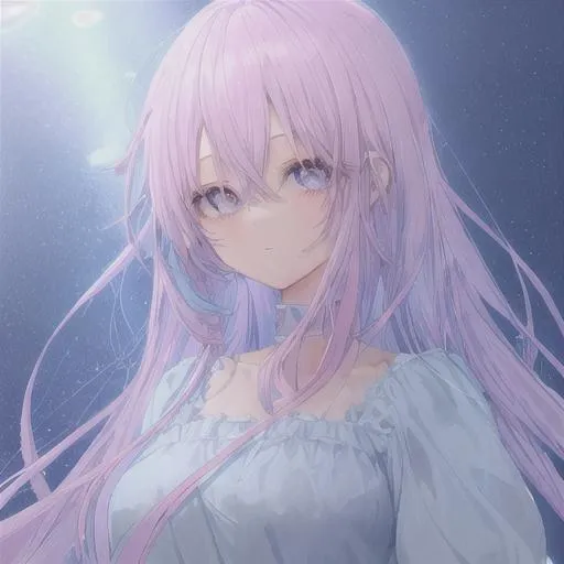 Prompt: light blue light pink haired girl with beautiful eyes light blue light pink theme anime girl