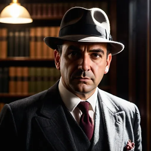 Prompt: realistic portrait of a male british private investigator, ex-cop, 1940s, bowler hat, criminal, alcoholic, shady morales, intimidating, office background natural lighting,
