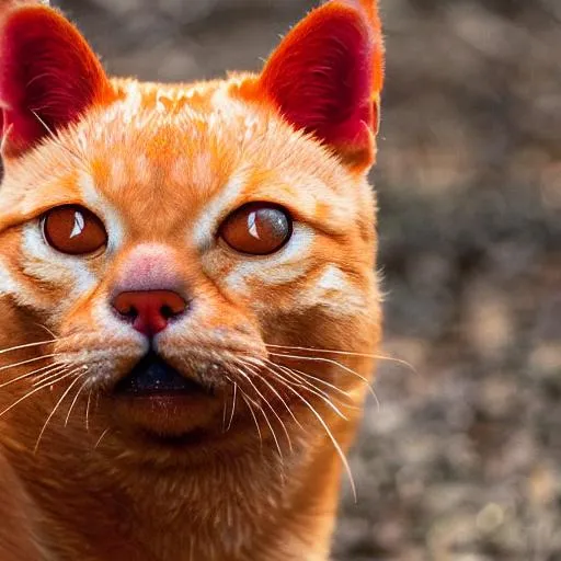 Prompt: An orange tabby with red stars eyes that is facing the camera.