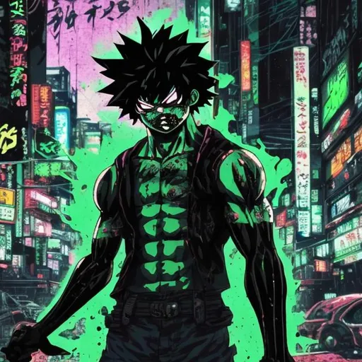 Prompt: Black and neon green. Accurate muscular vigilante deku villain. Blood spatters. Very Dark image with lots of shadows. Background partially destroyed neo Tokyo. Noir anime. Gritty. Dirty.