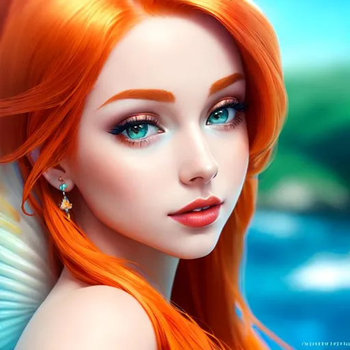 Prompt: a beautiful mermaid with pale skin and orange hair  and lips, Ariel , 4k,  facial closeup



