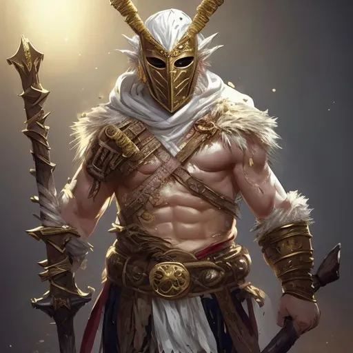 Prompt: cute baby young man gold,  very white scarred skin, covered in bandages, gold tattered cloth armor exposes his midriff, hood of magical mask like,  large gold gem between pecs in chest, Barbarian, Strong, wielding large two-handed great-axe, Fantasy setting, 20,