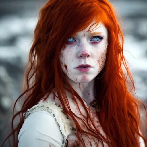 Prompt: red hair .. sad eyes.. in her face blood.... in a white dress.
