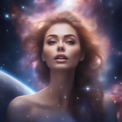 Prompt: A  beautiful, hyper realistic, full bodied image, hyper detailed perfect face, buxom woman, falling through space, galaxies, nebulae and stars