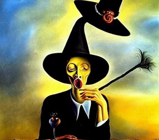 Prompt: a witch smoking wearing a large hat salvator dali style painting