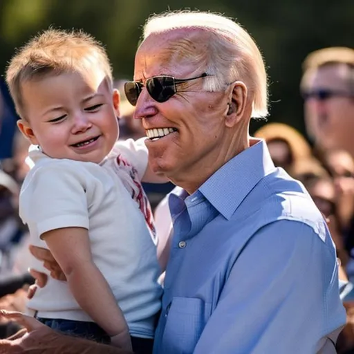 Prompt: Joe Biden smiling holding a screaming child to his nose with his eyes closed