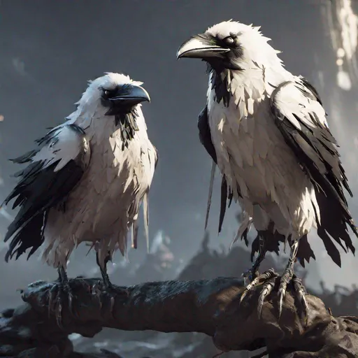 Prompt: twin ravens black and albino, concept art, epic lighting, finely-tuned, octane rendering