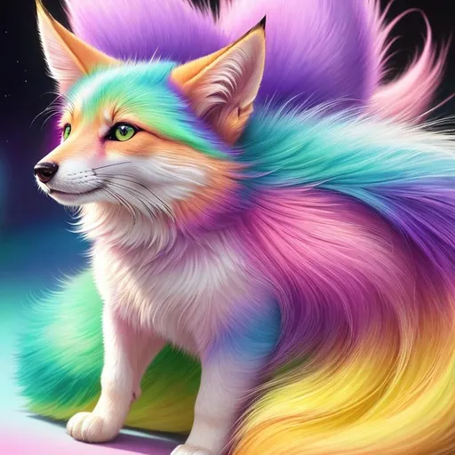 Prompt: {pink, purple, yellow, and mint green fox kit}, realistic, epic oil painting, pastel colors, (canine quadruped:1), large round purple eyes, hyper detailed eyes, (hyper real), furry, (hyper detailed), photorealism, extremely beautiful, playful, UHD, studio lighting, best quality, professional, extremely beautiful, glistening fur, fur glows like auroras, highly saturated colors, neon colors, masterpiece, ray tracing, cosmos, complementary colors, golden ratio, nebula background, 8k eyes, 8k, highly detailed, highly detailed fur, hyper realistic thick fur, (high quality fur), fluffy, fuzzy, full body shot, anime background, rear view, hyper detailed eyes, perfect composition, realistic fur, fox nose, highly detailed mouth, realism, ray tracing, soft lighting, complex background, highly detailed background, studio lighting, masterpiece, trending, instagram, artstation, deviantart, best art, best photograph, unreal engine, high octane, cute, adorable smile, lazy, peaceful, (highly detailed background), vivid, vibrant, intricate facial detail, incredibly sharp detailed eyes, incredibly realistic fur, concept art, anne stokes, yuino chiri, character reveal, extremely detailed fur, sapphire sky, complementary colors, golden ratio, rich shading, vivid colors, high saturation colors, silver light beams