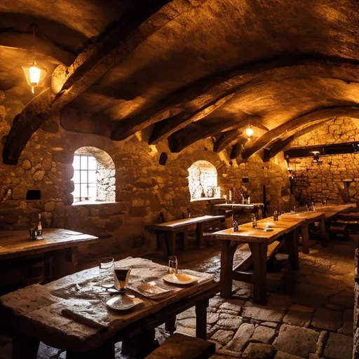 Prompt: The inside of a medieval tavern with stone wall



