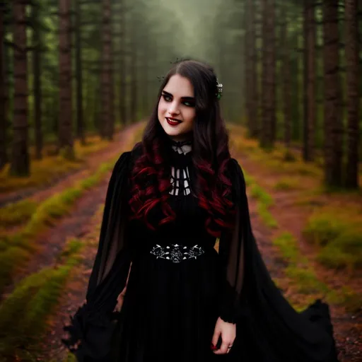 Prompt: gothic fantasy, close-up portrait, gloomy forest lake, laughing girl with a dagger in her hand, in a long black gothic dress, long hair flowing in the wind, large reflective red eyes, fierce look, well dressed, wandering lights, wind, lightning, moonlight, ominous red moon, surreal, symmetrical, intricate details, high detail, alcohol ink, Anne Stokes