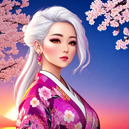 Prompt: draw me a beautiful girl wearing a floral kimono looking off at the sunrise. retrowave aesthetic, white hair, colorful, sakura flowers, high resolution background,