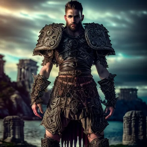 Prompt: (male warrior descended from giants), (living armor breastplate), (eldritch magic), powerful and majestic, strong stance conveying strength, (vibrant mystical colors), intricate magical symbols glowing faintly, imposing landscape background with ancient ruins, dramatic lighting emphasizing her features, fierce yet stoic expression, ultra-detailed, cinematic atmosphere.