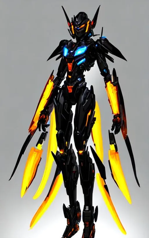 Prompt: concept art of a transformer, female body, full body shot, black body color with glowing amber parts, hyper detailed
