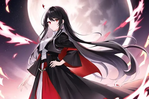 Prompt: female with medium-long black hair with a red ombre at the end, long black cape, light colour clothes, wearing white shirt and black pants, dynamic pose, standing in front of the moon