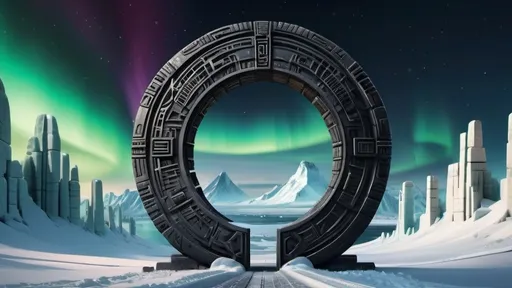 Prompt: magical portal between cities realms worlds kingdoms, circular portal, ring standing on edge, upright ring, freestanding ring, hieroglyphs on ring, complete ring, ancient aztec architecture, arctic winter setting, aurora borealis, panoramic view, dark night, futuristic cyberpunk tech-noir setting