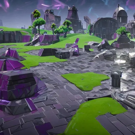 Prompt: shiny chrome material and purple chrome pentagon pillars covering fortnite map 