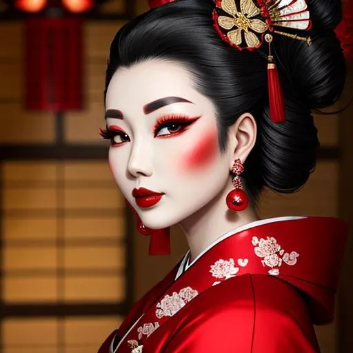 Prompt: Ruby lady-a geisha all in red, full face, elegant, facial closeup