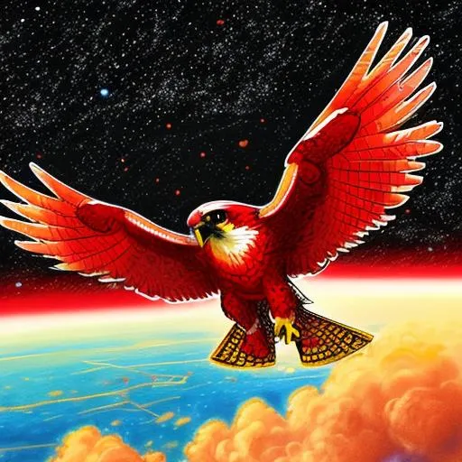 Prompt: Draw a amazing red falcon flying in the space. inspiration about brave and freedom of association.