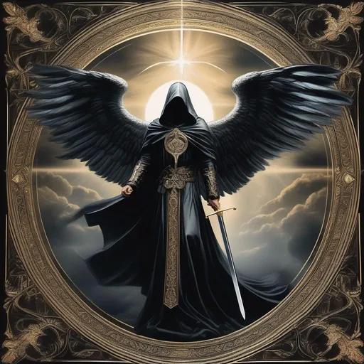 Prompt: Cloaked Angel of death wielding broadsword downwards. light, powerful, eminating, power of God