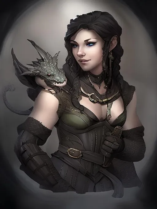 Prompt: Baby Dragon On Shoulder, Beautiful, Cleavage, Celtic, Female, Assassin