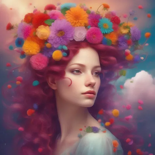 Prompt: A beautiful and colourful Persephone whose hair is made of clouds that rain flowers
