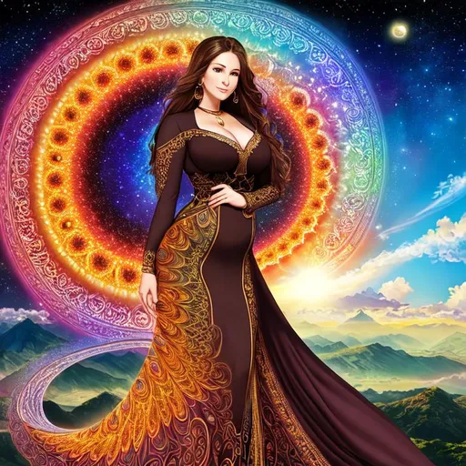 Prompt: full color fibonacci formula on newton julia fractal formula background sky, best looking big-breasted full body mature woman in the world, She has the sun in her hand, a modest long full-sleeved full color mandelbort fractal formula rym amari wearing dress and a full dark color mandelbort nova fractal formula transparent lacy hijab, with perfect composition, insanely detailed, highly detailed, good quality full HD, detailed beautiful face, detailed beautiful eyes, detailed beautiful skin, a sharp small nose, brown eyes.