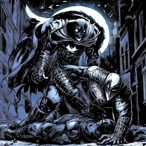 Prompt: Marvel moon knight kills warewolf in a building night HD dark lighting