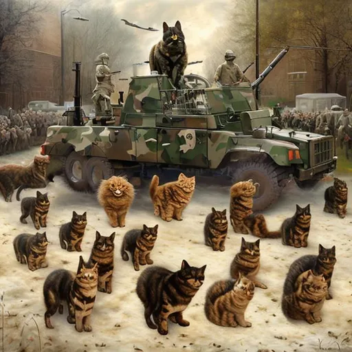 Prompt: ( Realistic photo, professional photo, oil painting) Dog army V.S Cat army