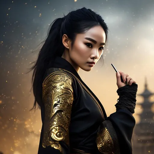 Prompt: create best quality photograph of beautiful female ninja who is wearing black and gold ninja style robes, night time and beautiful sky as background, detailed face, extremely detailed environment, extremely detailed background, extremely detailed skin, extremely detailed clothing, natural colors , professionally color graded, photorealism, 8k, realistic, moody lighting, galactic environment, volumetric lighting