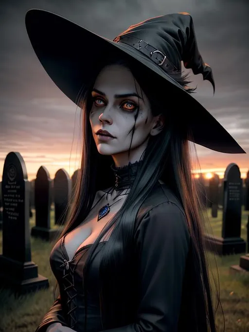 Prompt: Horror, twisted, scary, ominous, cinematic, 3D, HD, Beautiful!! {female}Witch, detailed gorgeous face, Beautiful big {heart-shaped}reflective eyes, long flowing hair, expansive cemetery background, sunset, ultra detailed full body artistic photography, detailed rugged Gorgeous detailed face, shadows, oil on canvas, brush strokes, ultra sharp focus, ominous, matte painting movie poster, golden ratio, epic, intricate, cinematic character render, hyper realistic, 64K --s98500
