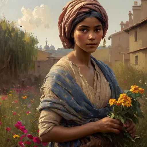 Prompt: village girl wearing a headscarf picking flowers, heavy brushstrokes, textured paint, impasto paint, intricate, cinematic lighting, oil painting, dramatic, 8k, trending on artstation, painting by Vittorio Matteo Corcos and Albert Lynch and Tom Roberts, German Village
