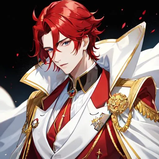 Prompt: Zerif 1male (Red side-swept hair covering his right eye) wearing a royal suit, white cape, 