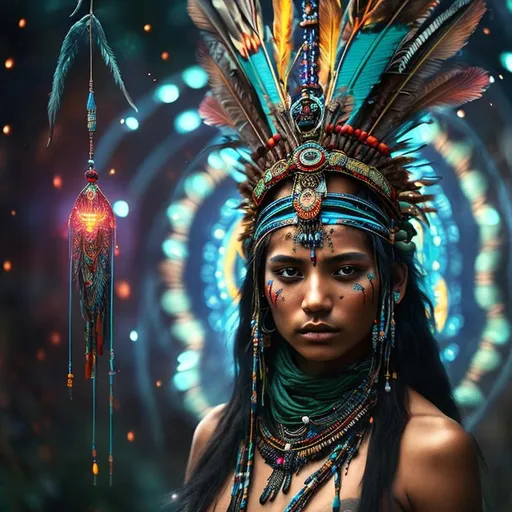 Prompt: ((portrait in WLOP stylus)) Native American woman, 20 years old, female shaman. A healing ritual. Night fantasy picture illuminated with blue, red and green colors. A brilliant bejeweled headdress, a scepter symbolizing healing power. Painted and tattooed beautiful face, hard, determined features. Colorful bird feathers were woven into her hair. Elaborately decorated dress. A reassuring gesture. The light comes from behind the shaman woman. Diffuse, soft light.