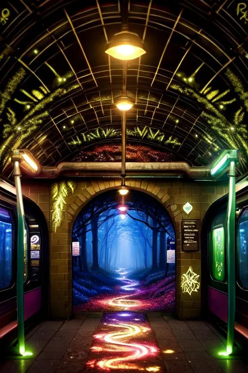 Prompt: glowing magical fantasy forest graffiti in a subway station,nighttime,perfect composition, hyperrealistic, super detailed, 8k, high quality, trending art, trending on artstation, sharp focus, studio photo, intricate details, highly detailed,