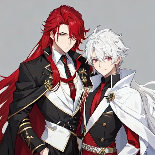 Prompt: Zerif 1male (Red side-swept hair covering his right eye) wearing a black royal suit, white cape, 