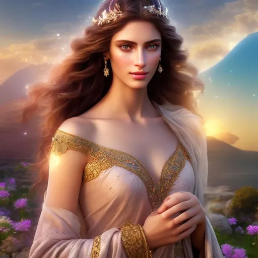 Prompt: HD 4k 3D 8k professional modeling photo hyper realistic beautiful young maiden women ethereal greek goddess of virtue
dark rose hair blue eyes gorgeous face fair freckled skin grecian embroidered dress gold crown  full body surrounded by magical glowing glorious light hd landscape background crossroads wildflowers trees 