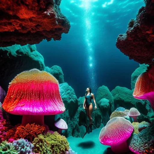 Prompt: One woman(with lond hair/hair flying)  freediver, swimming in the blue deep, dark space with (glowing/luminescent) algae, (Dark/big) Cave, (silver/gold, shiny) wetsuit, (glowing/illuminess) mushrooms, (bid) space, long algae in the dark gignt cave,  Hovered in the water, hair longer then woman body, fantastic fishes, sea creatures of the ocean, slender woman body