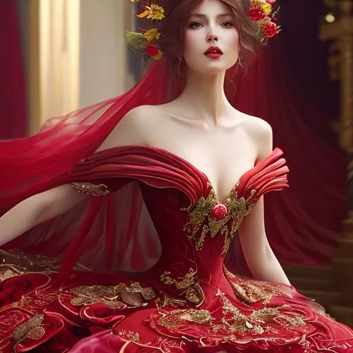 Prompt: Full length portrait, gorgeous 23-year-old woman, in a flowing crimson silk ballgown, stunning, clean face, showing in 4k format, intricate work of magical art, almost ethereal, in cgsociety trends, complex, epic, from Ilya Repin, very detailed bright, staged rendering of the character, super high quality model, beautiful face, flowing long locks, slight smirk on her lips, background in style bokeh
