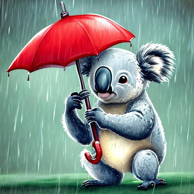 A cute koala wearing a red rain coat and holding an umbrella to keep dry from the rain In the style