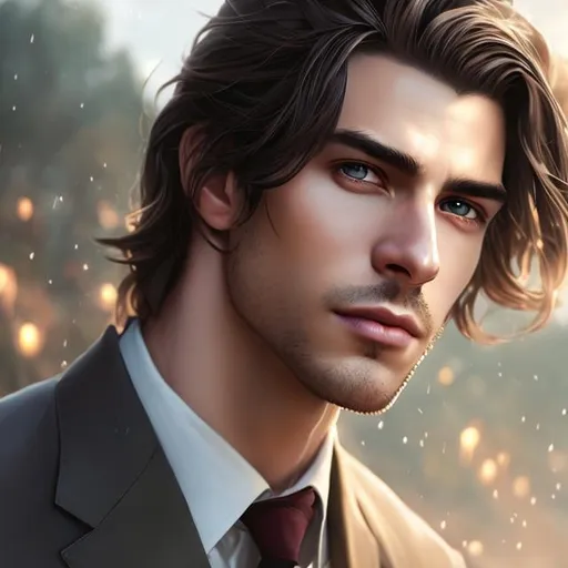 Prompt: Portrait of a {vampire}, perfect skin, male,  handsome face, fantasy, gray stormy eyes, brown extremely long feminine hair like tarzan, hair falling over his shoulders,  thin eyebrows, long intense lighting, detailed face,  intense mood, wearing a dress shirt, wine vineyards, by makoto shinkai, stanley artgerm lau, wlop, rossdraws, concept art, digital painting, looking into camera, sunset