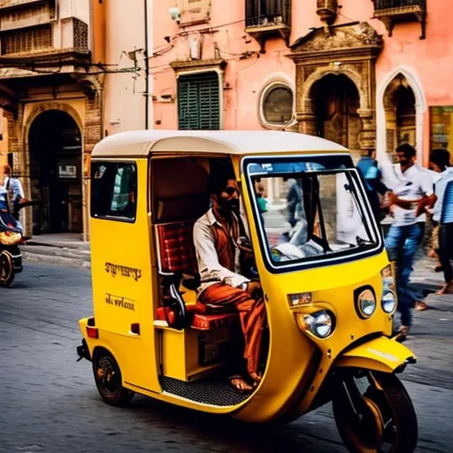 Prompt: An indian auto rickshaw running on streets of italy
