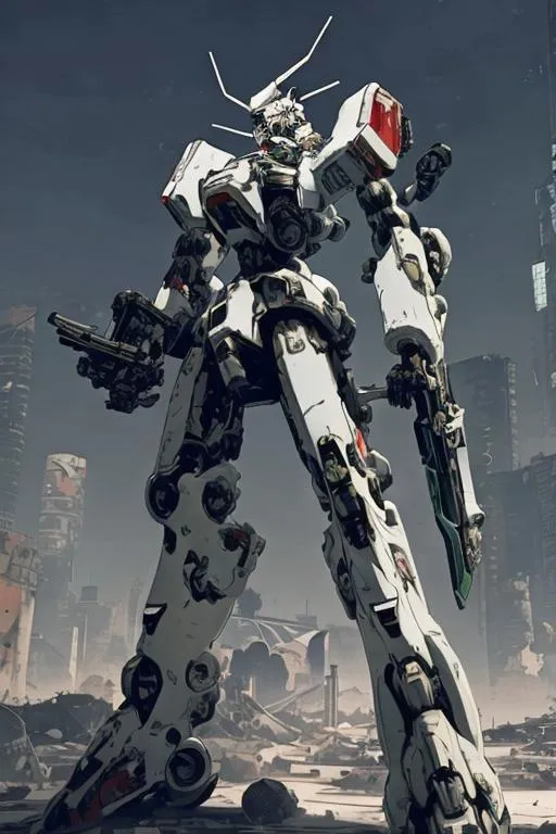 Prompt: A white mecha with complex design with a sword on the left arm and a rifle on the right with a ruined city as background 