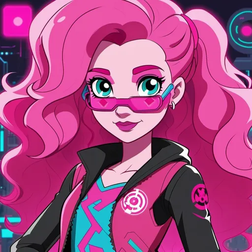 Prompt: cyberpunk equestria girls pinkie pie with pink skin 