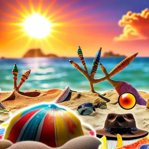 Prompt: A beach and a sunset from the view of someone affected by mescaline and DMT. The beach is seen from the land and the sun is much closer than we might see it in real life. The colors are vibrant and we can see many different animals flying, swimming and walking. There are people laughing and playing, we can see their faces but they are all a little off. Do one big image.
