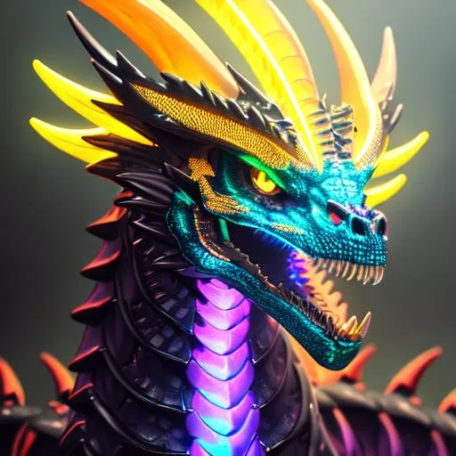 portrait of a roaring neon skeleton dragon with irid... | OpenArt