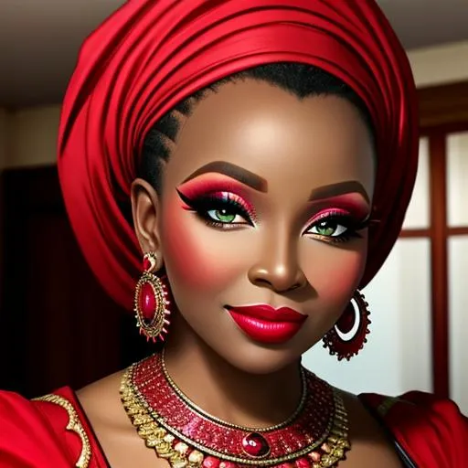 Prompt: Ruby lady-extremely beaitiful African lady all in red, pretty makeup, elegant, nice clothes, facial closeup